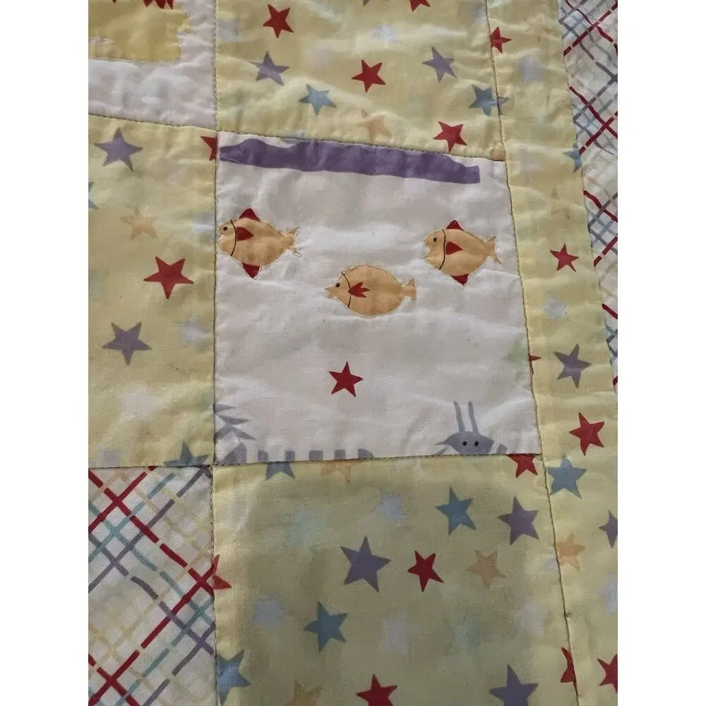 Vintage Handmade Childs Baby Quilt Rainbows Hearts Love Animal Patch Works Cotto